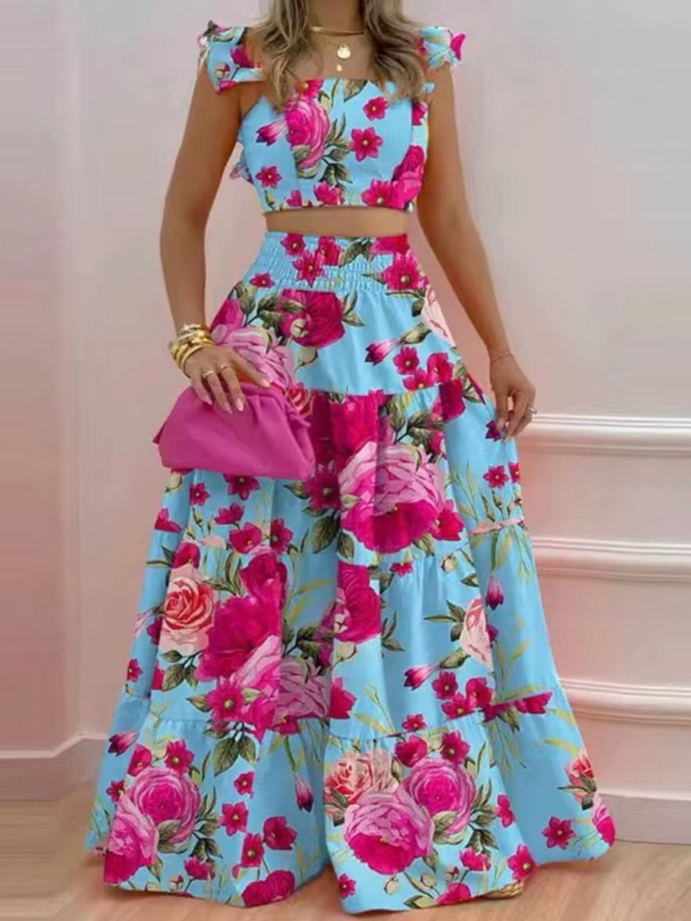 Floral Tiered 2-piece Top & Maxi Skirt in Blue & Pink